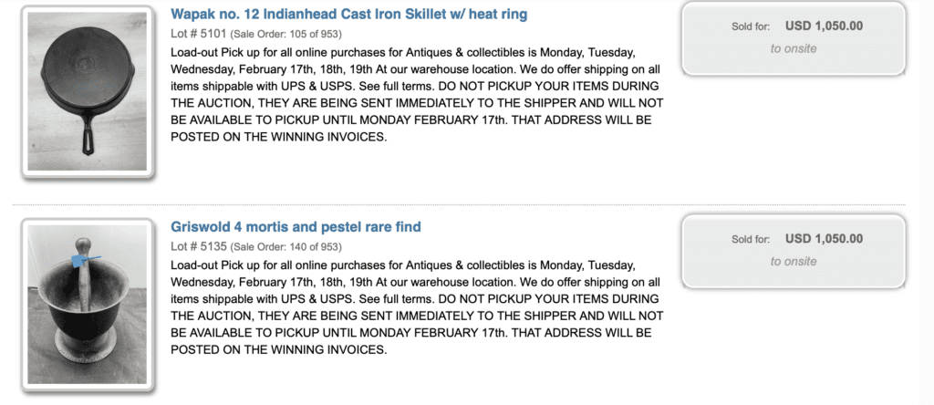 Wapak "Indian" number 12 cast iron skillet, Griswold cast iron mortar and Pestle number 4. Both sold for $1,050. 